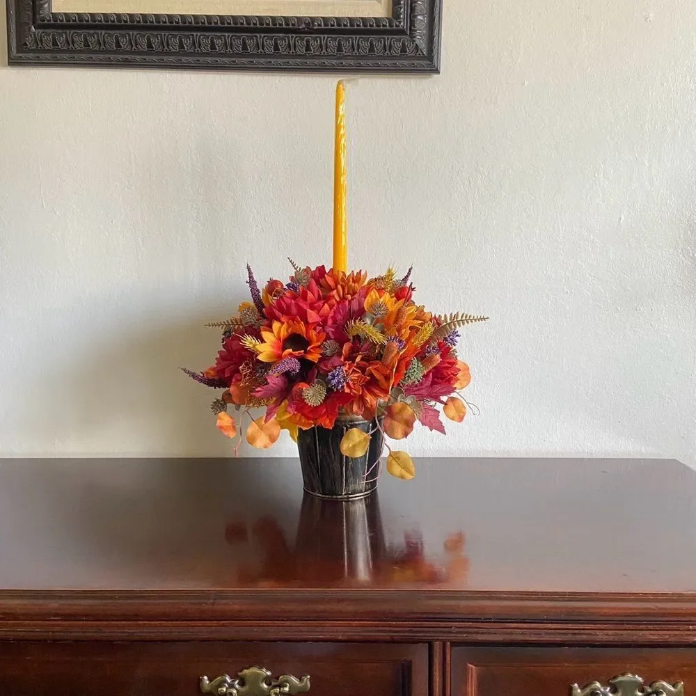 Faux Floral Candle Centerpiece With Sunflowers/Mums